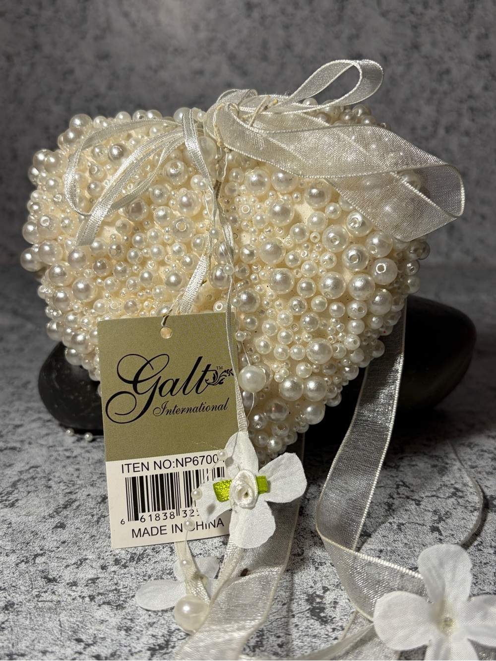 Galt International Pearl Heart Ornament/ White Beaded Wedding Decor, Item NP6700